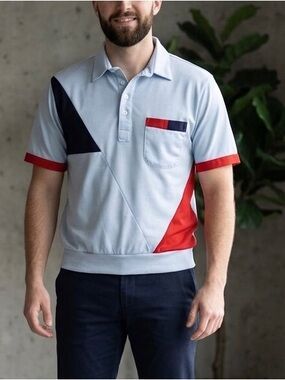 Vtg 80s Idletime Colorblock Polo Shirt Mens M Pastel Blue Red Blue Retro Y2K